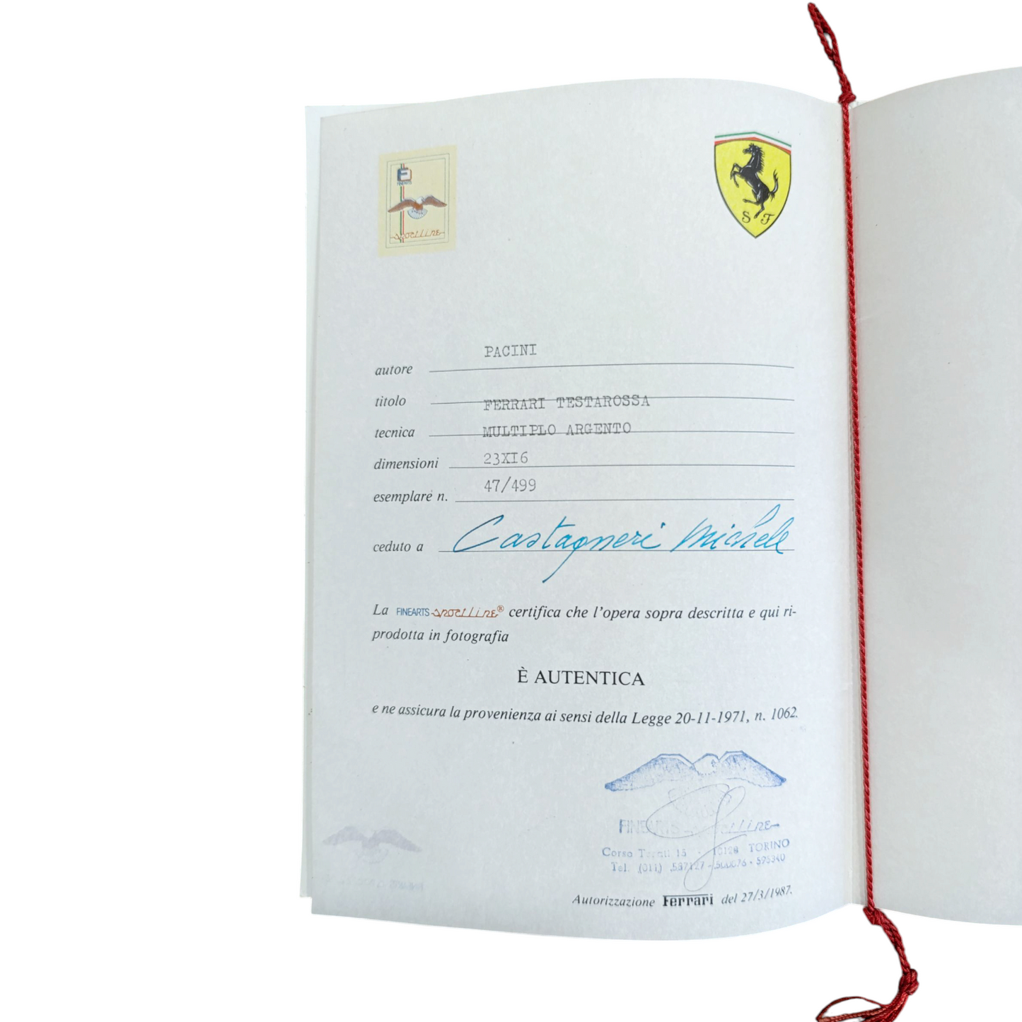 Quadro Ferrari Testarossa Argento 999.9 Edizione Limitata Anni 80