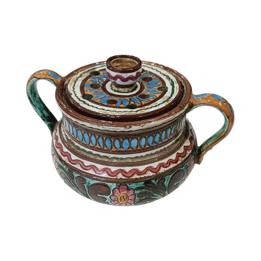 Vaso Ornamentale Biansato Anni 50 Graffito e Dipinto A Mano