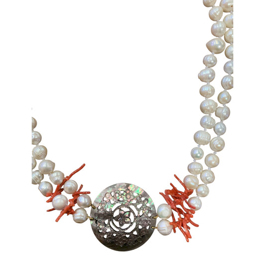 Collana Vintage Perle Di Fiume Corallo