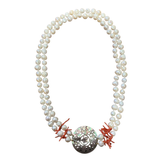 Collana Vintage Perle Di Fiume Corallo