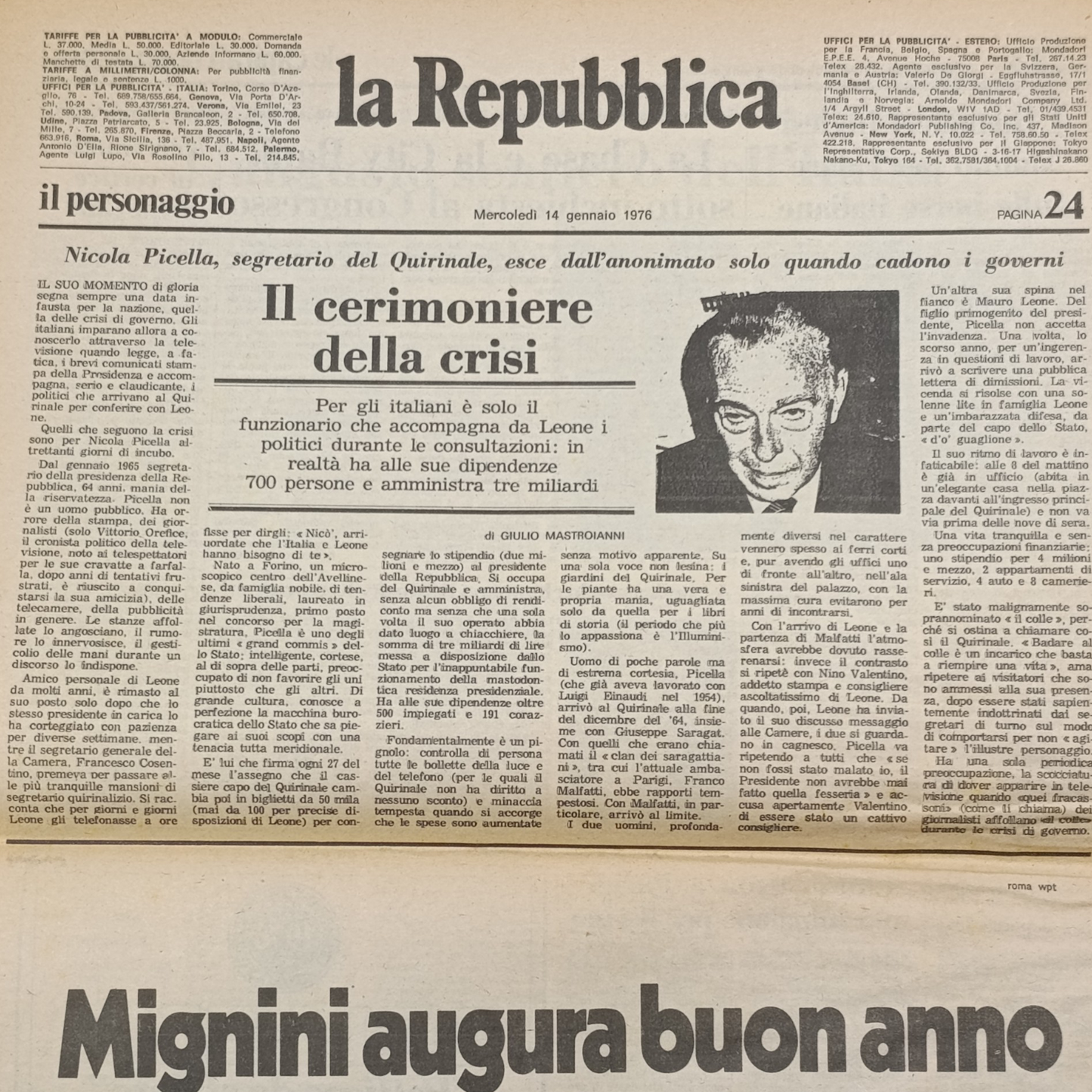 Quotidiano La Repubblica Nr. 1 Anno 1 (14/01/1976)