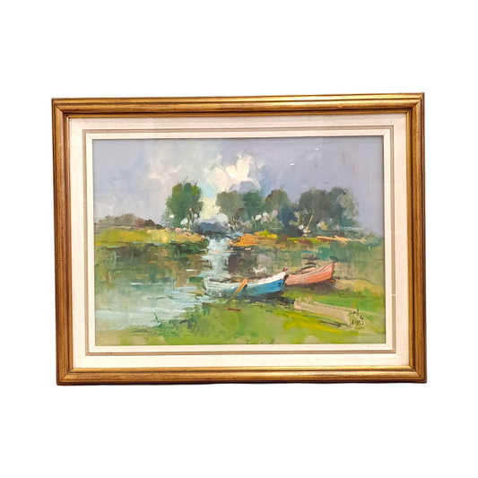 Quadro Olio Su Tela Paesaggio Barche