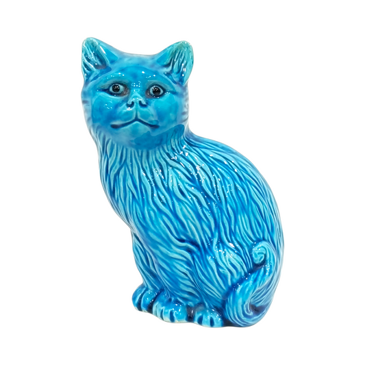 Statuina Gatto Porcellana Cinese Smaltata Blu Vintage
