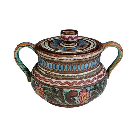 Vaso Ornamentale Biansato Anni 50 Graffito e Dipinto A Mano