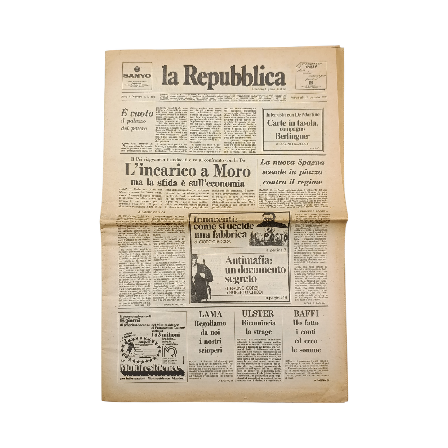 Quotidiano La Repubblica Nr. 1 Anno 1 (14/01/1976)